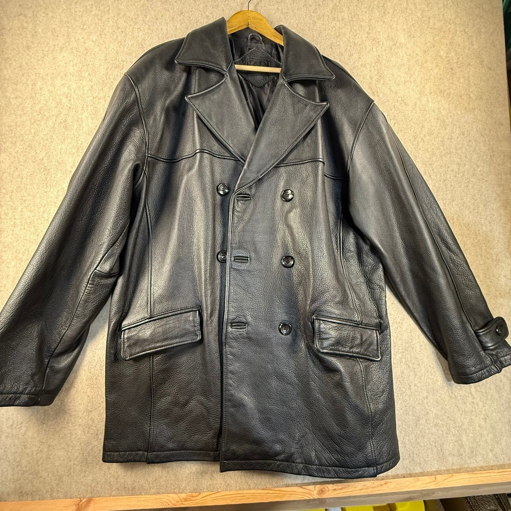 B&R Mens Black Leather Double Breasted Pea Coat Car Jacket Size L Pebbled Coat